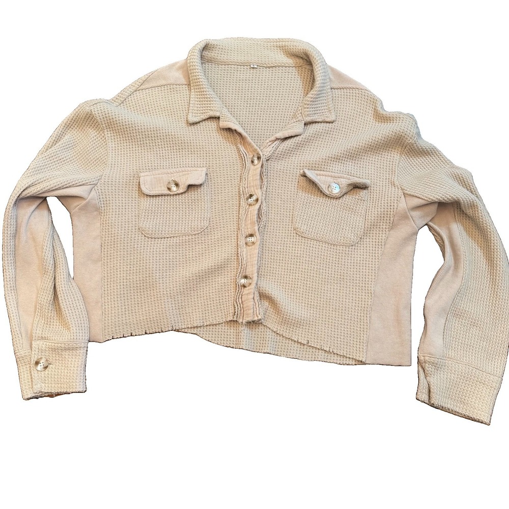 Boho Cropped Waffle Knit Shacket Large Beige Raw Hem Button Up Utility Jacket